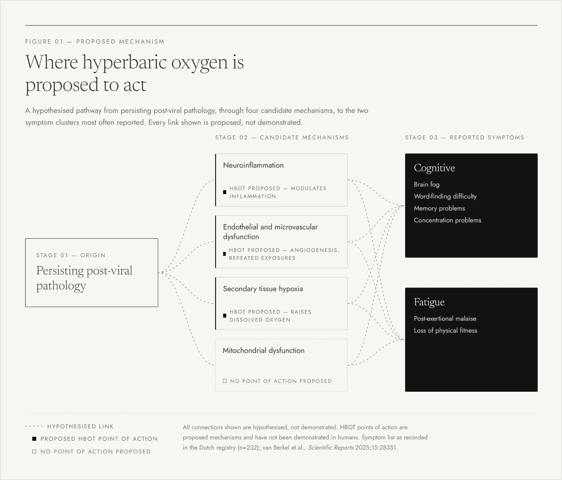 Diagram som visar neuroinflammation, endotelial dysfunktion, vävnadshypoxi och mitokondriell dysfunktion som leder till kognitiva symtom och trötthet, med markeringar för de punkter där hyperbar syrgas föreslås ingripa, var och en märkt som antagen snarare än påvisad.