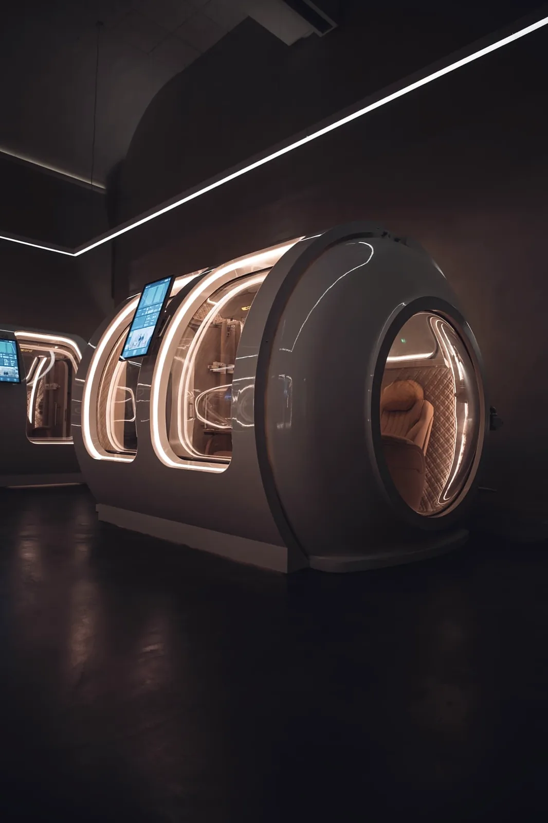 Hyperbaric chamber lit from within at Age Back Clinic Stockholm